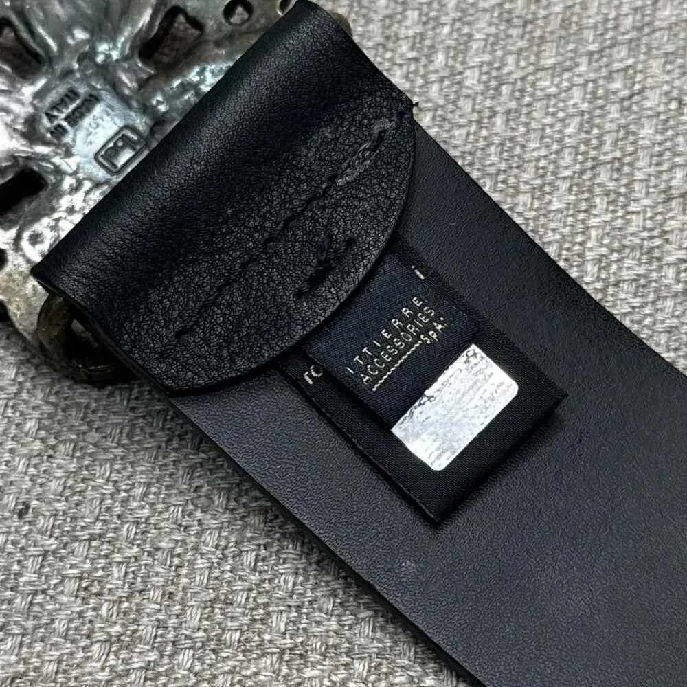 Vtg Just Cavalli Y2K 90s Black Leather Belt Western Statement Buckle Bling 177